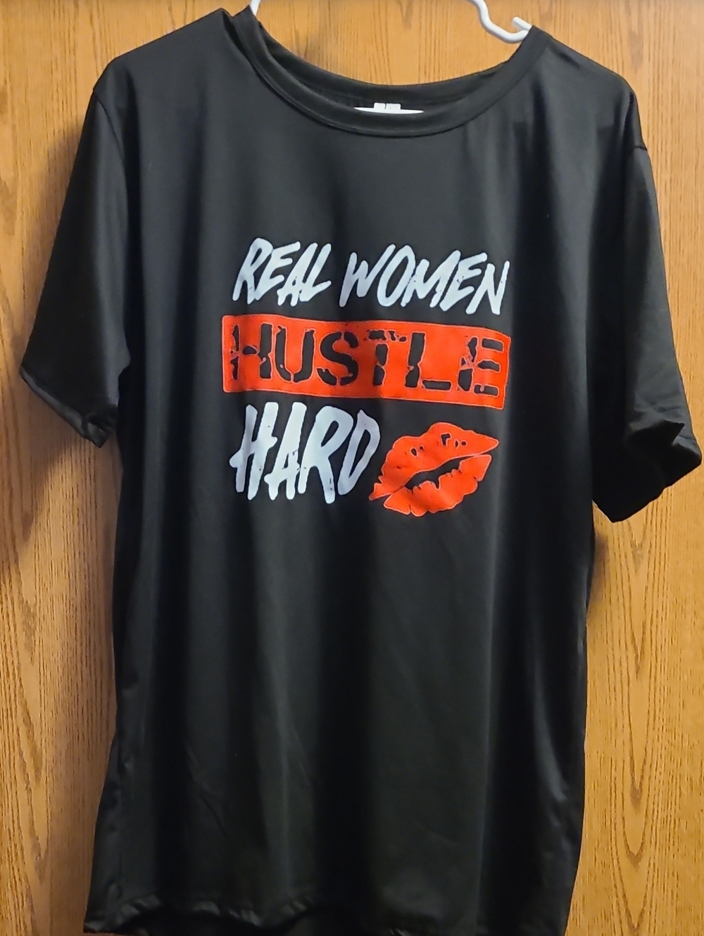 Real Women Hustle Hard Graphic Tee - Black with Red & White Print